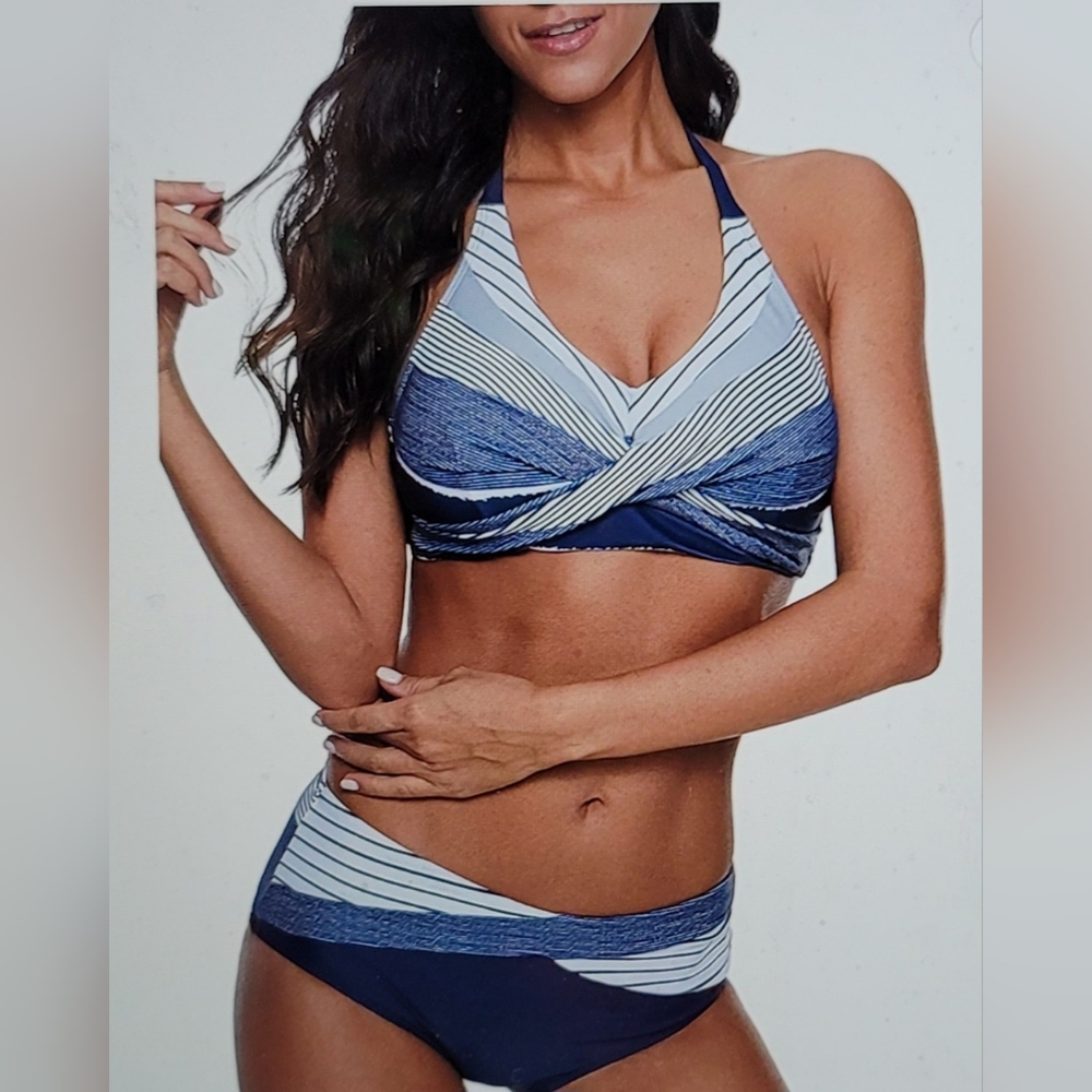 NWOT lines of design angled slimming bust enhancing bikini swim suit halter - Picture 2 of 11